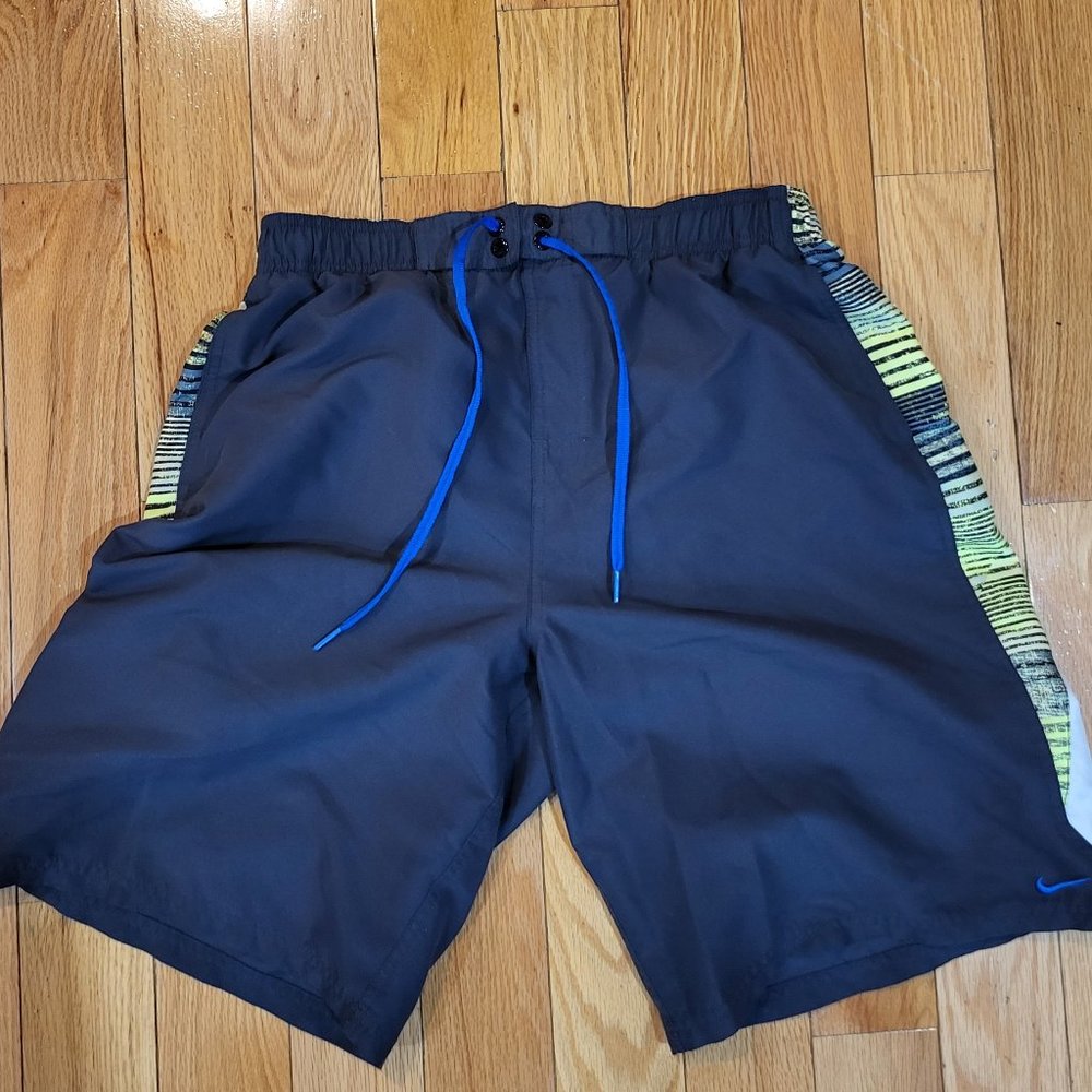 Nike Swim Trunks Grey with Neon Green/White Patterns L